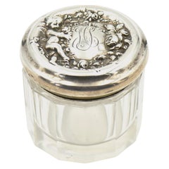 Antique Woodside Art Nouveau Cherub Rose Garden Sterling Lid Beveled Glass Vanity Jar