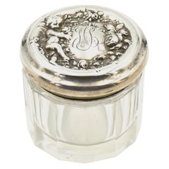 Woodside Art Nouveau Cherub Rose Garden Sterling Lid Beveled Glass Vanity Jar