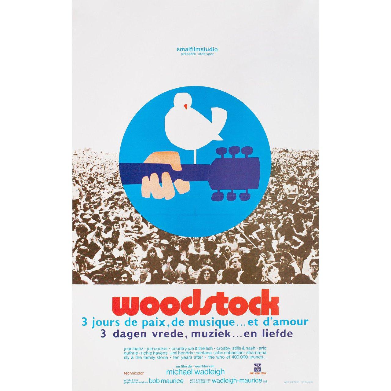 Affiche belge originale de 1970 par Arnold Skolnick pour le film documentaire Woodstock réalisé par Michael Wadleigh avec Richie Havens / Joan Baez / The Who / Sha-Na-Na. Bon état, plié. De nombreuses affiches originales ont été publiées pliées ou