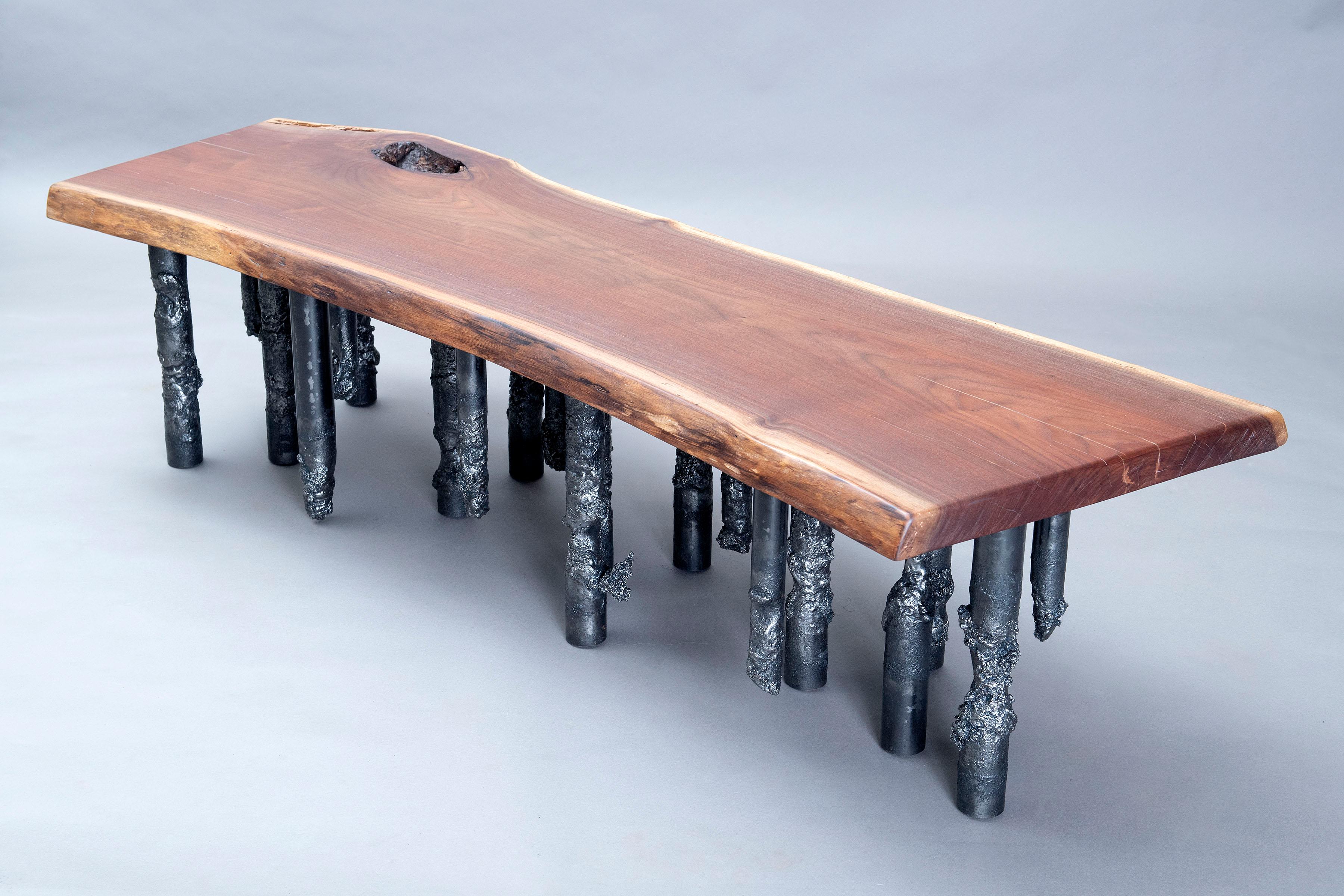 American Handcrafted Artisan Walnut And Steel One Of A Kind Sculptural Industrial Bench For Sale