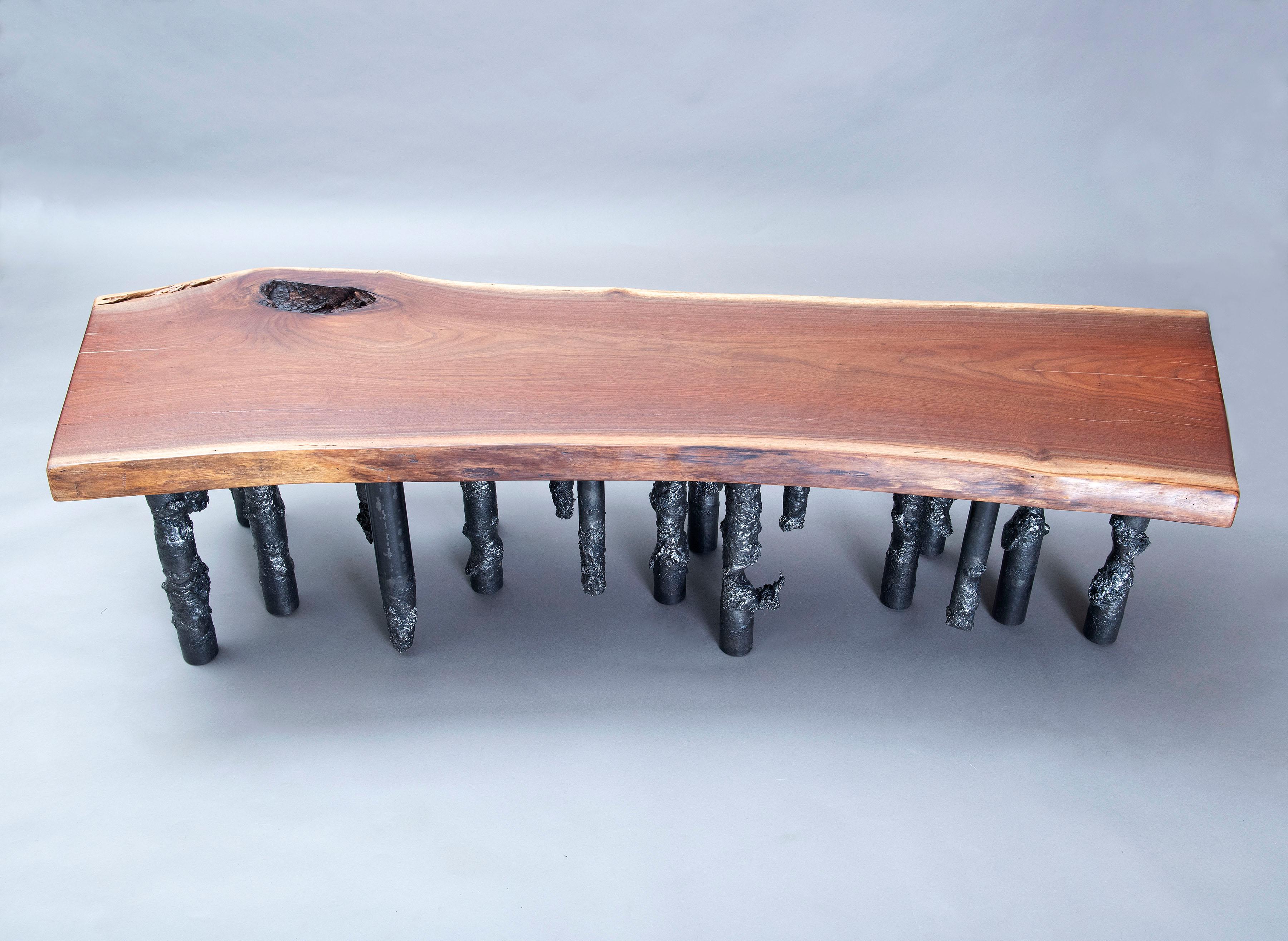 Metalwork Handcrafted Artisan Walnut And Steel One Of A Kind Sculptural Industrial Bench For Sale
