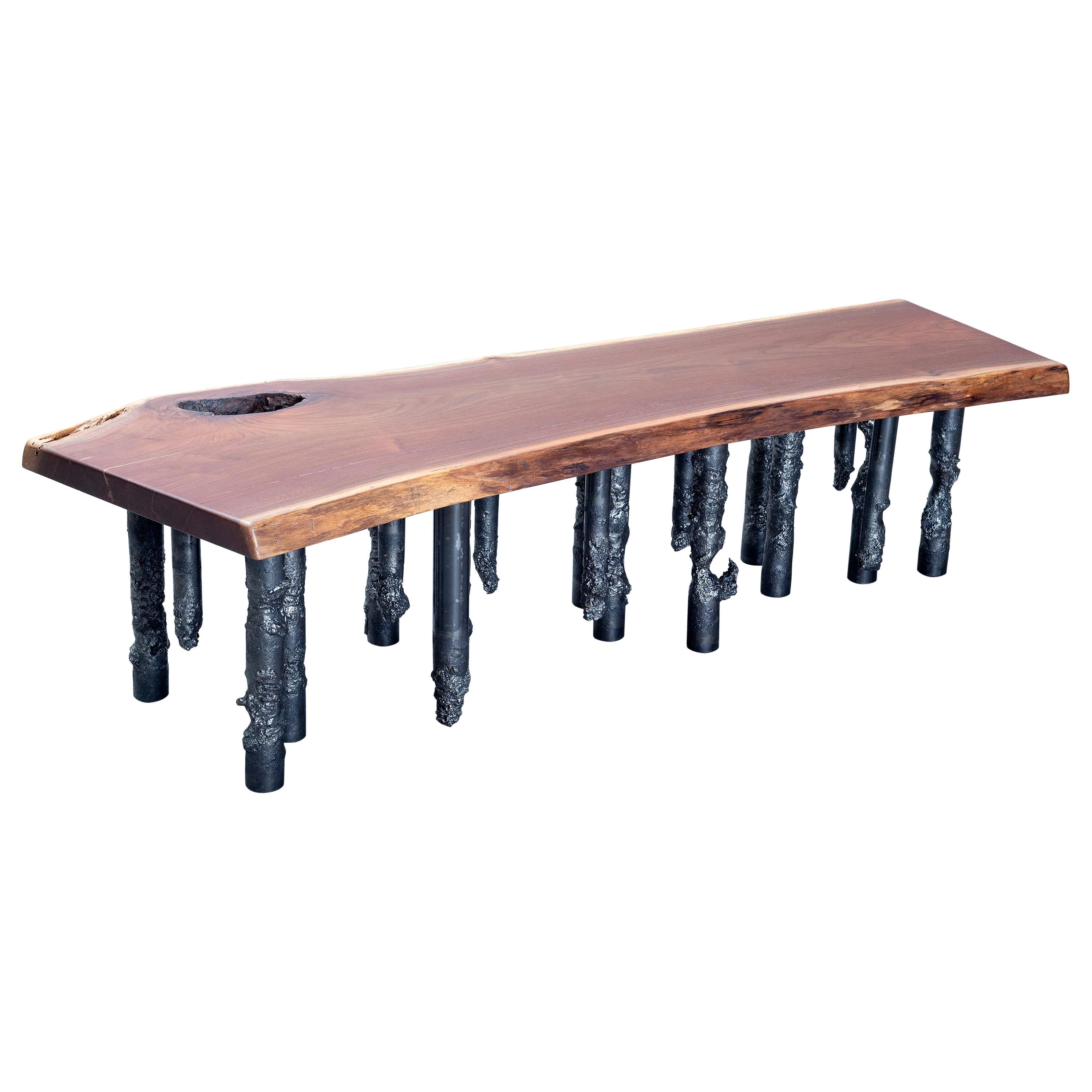 Handcrafted Artisan Walnut And Steel One Of A Kind Sculptural Industrial Bench For Sale