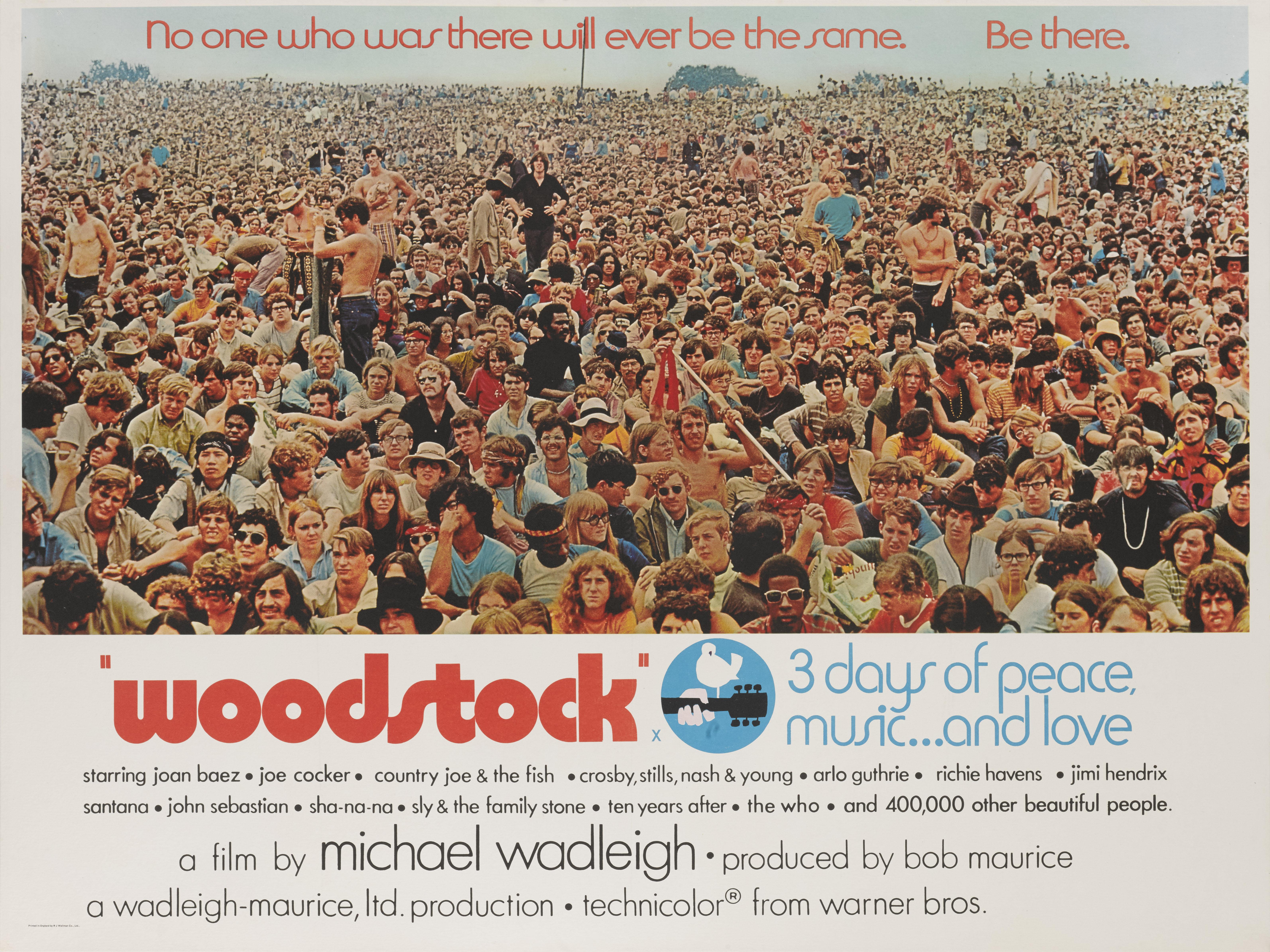 Affiche originale du film britannique pour le documentaire historique sur le festival de Woodstock, qui s'est déroulé en août 1969 dans la ville de Bethel, dans l'État de New York, où un demi-million de personnes se sont réunies pour 