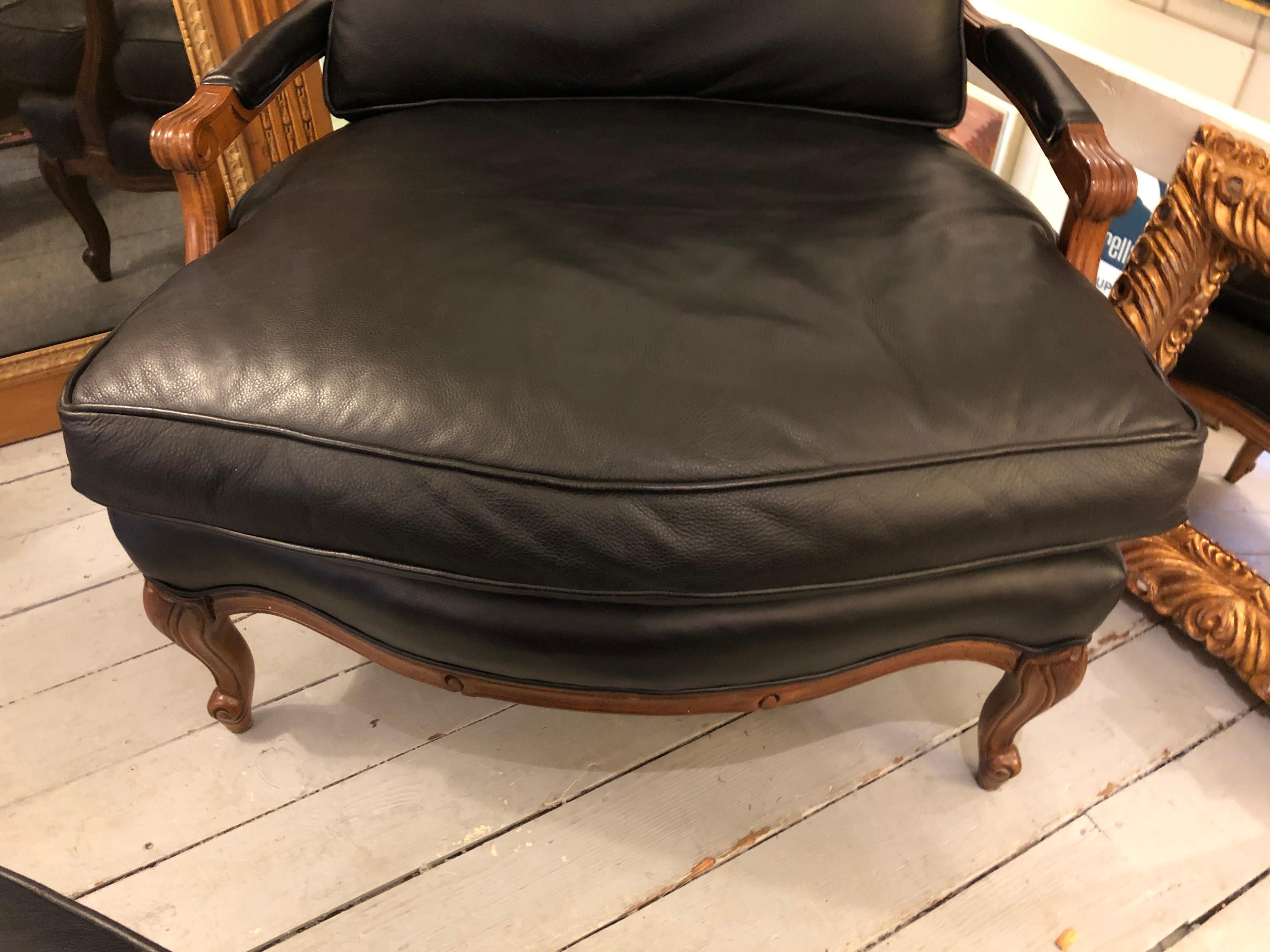 Woodward & Lothrop Top of the Line Black Leather and Walnut Club Chair & Ottoman 3
