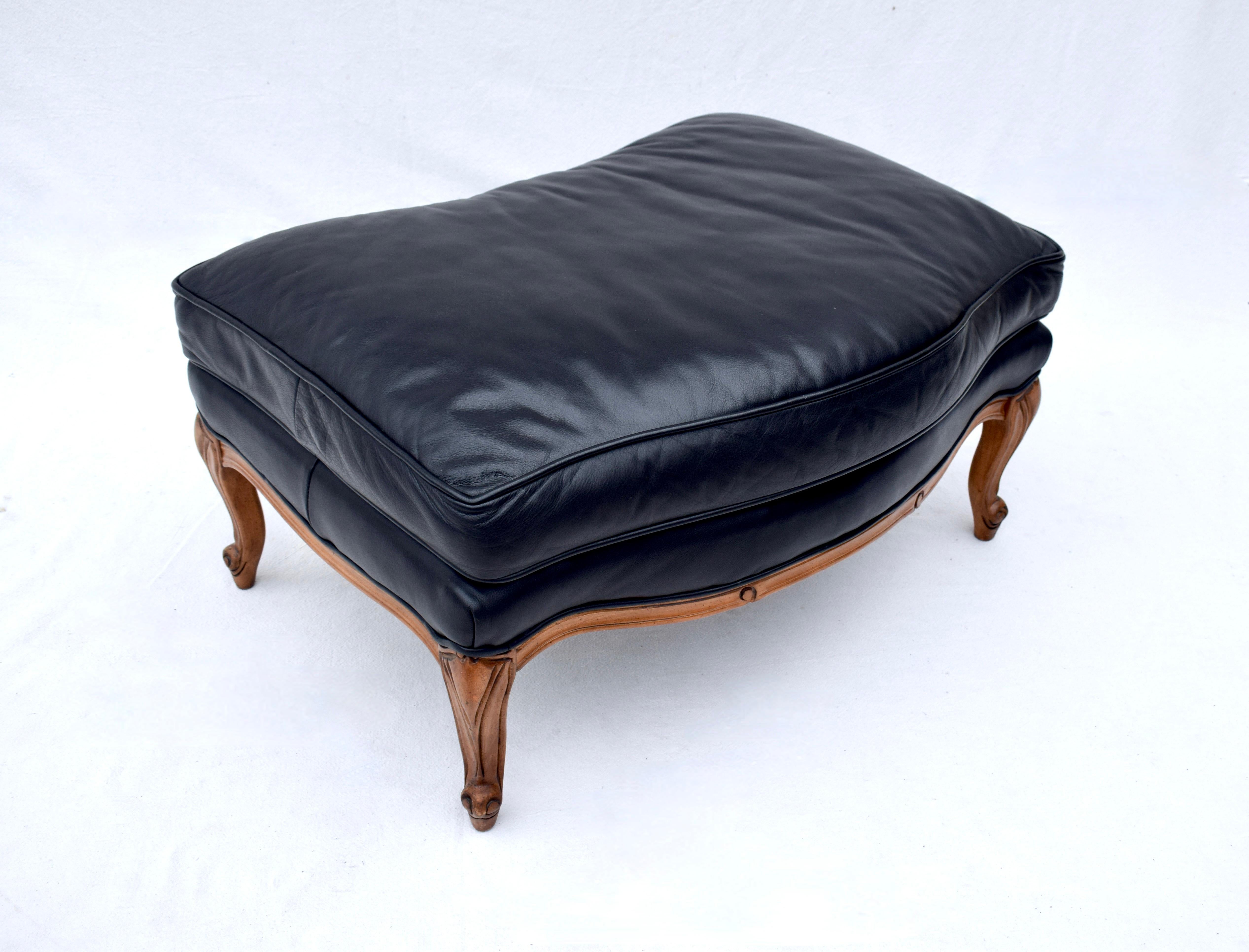 Woodward & Lothrop Top of the Line Black Leather and Walnut Club Chair & Ottoman 4