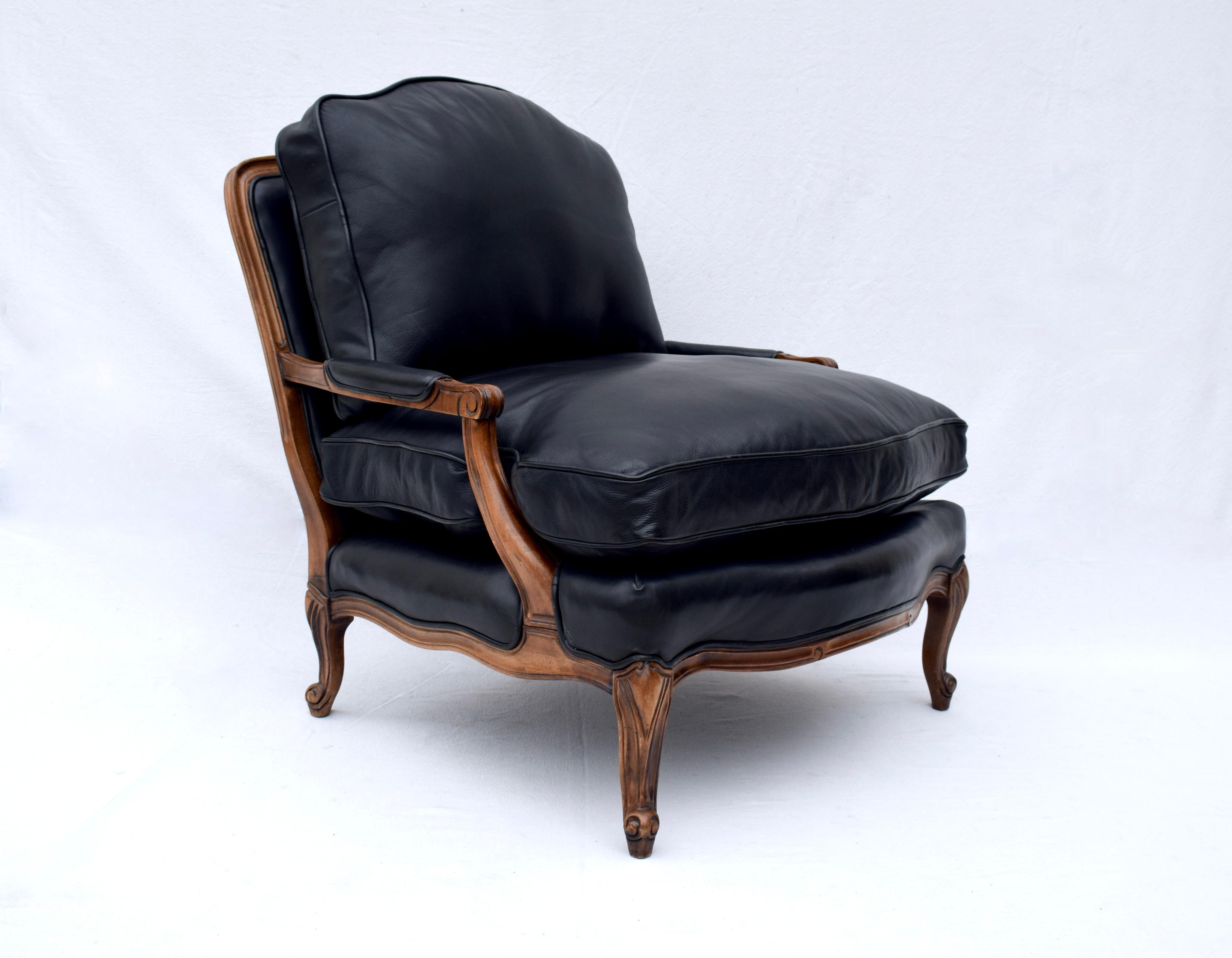 French Provincial Woodward & Lothrop Top of the Line Black Leather and Walnut Club Chair & Ottoman