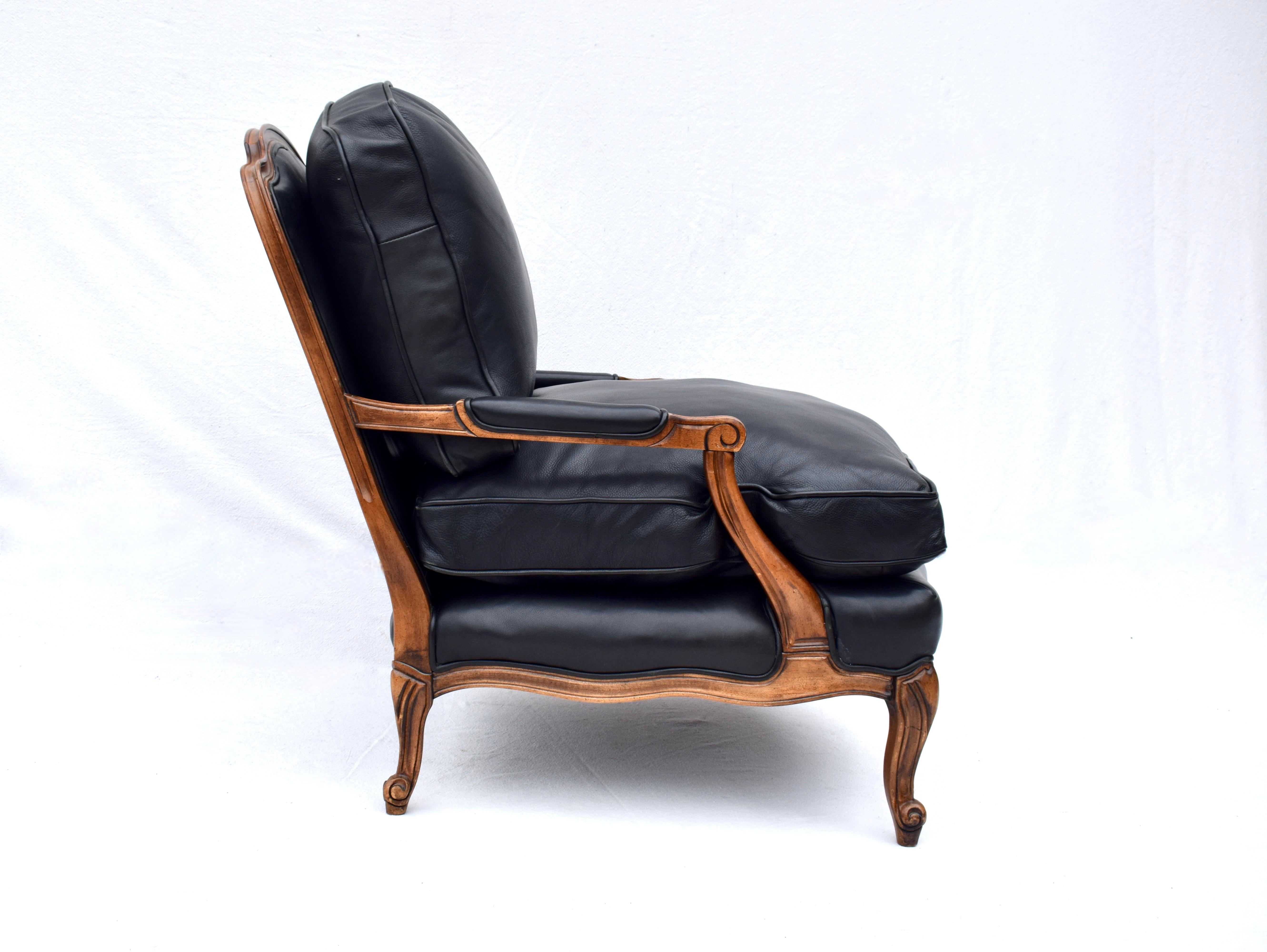 American Woodward & Lothrop Top of the Line Black Leather and Walnut Club Chair & Ottoman