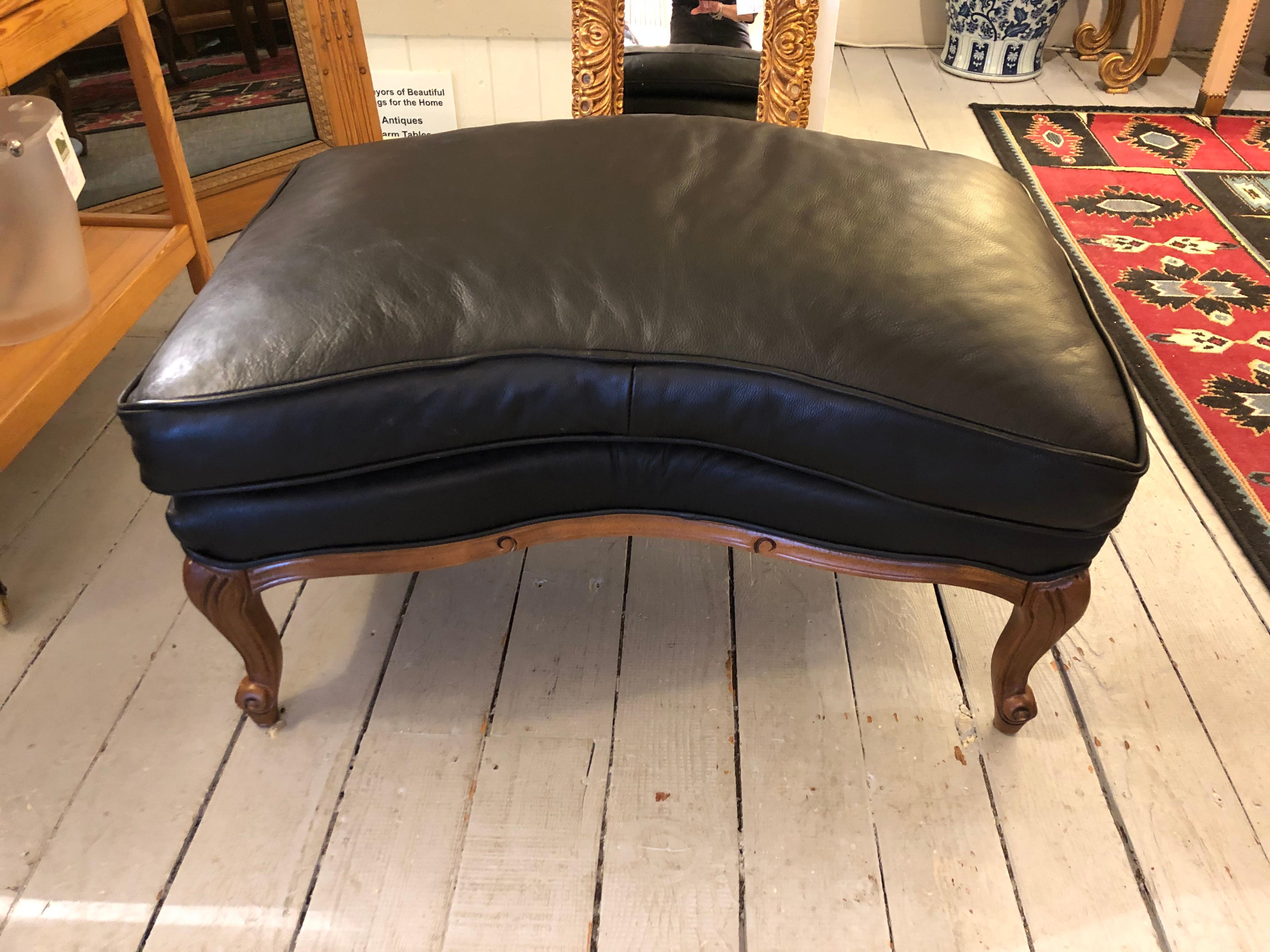 American Woodward & Lothrop Top of the Line Black Leather and Walnut Club Chair & Ottoman