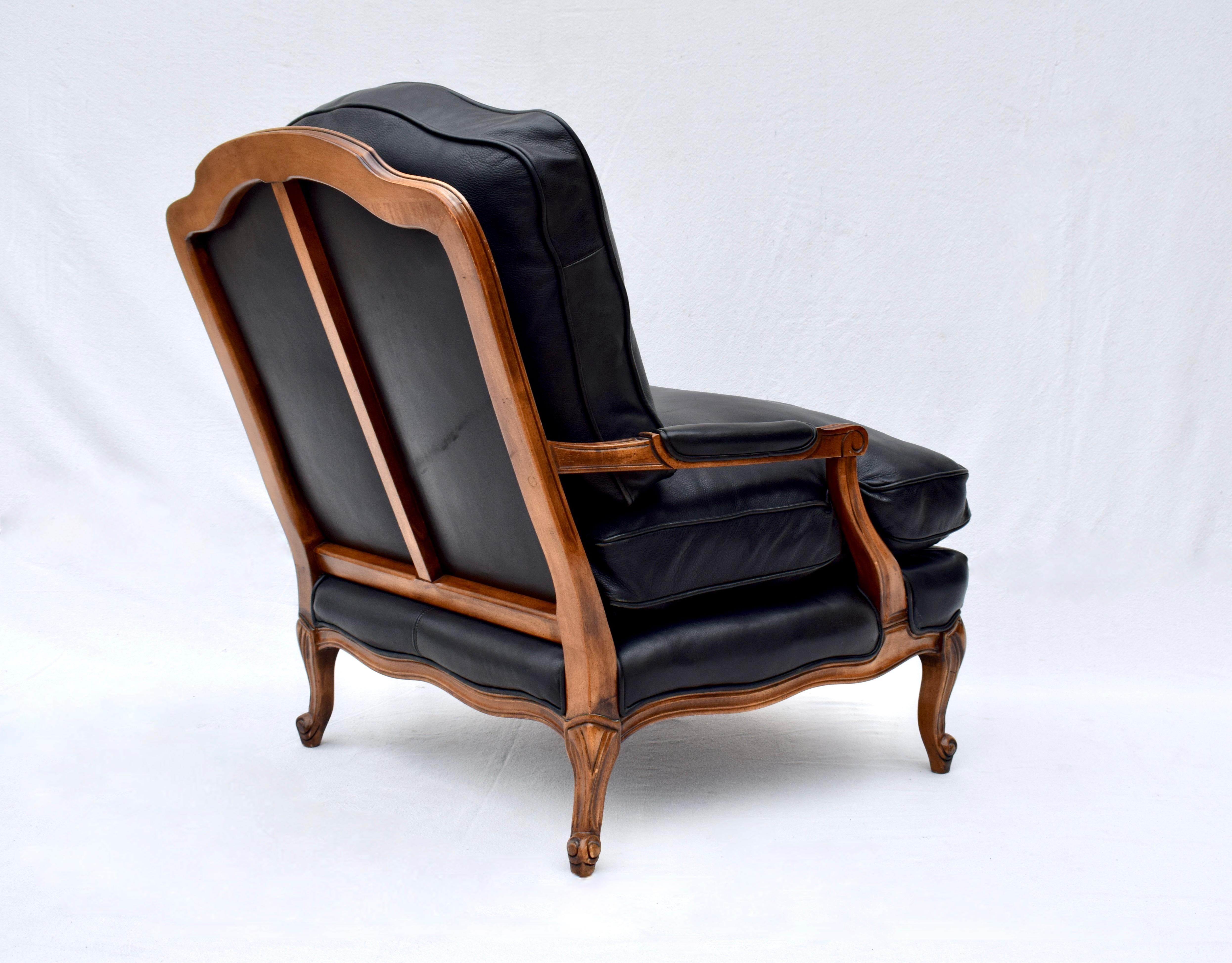 French Provincial Woodward & Lothrop Top of the Line Black Leather and Walnut Club Chair & Ottoman