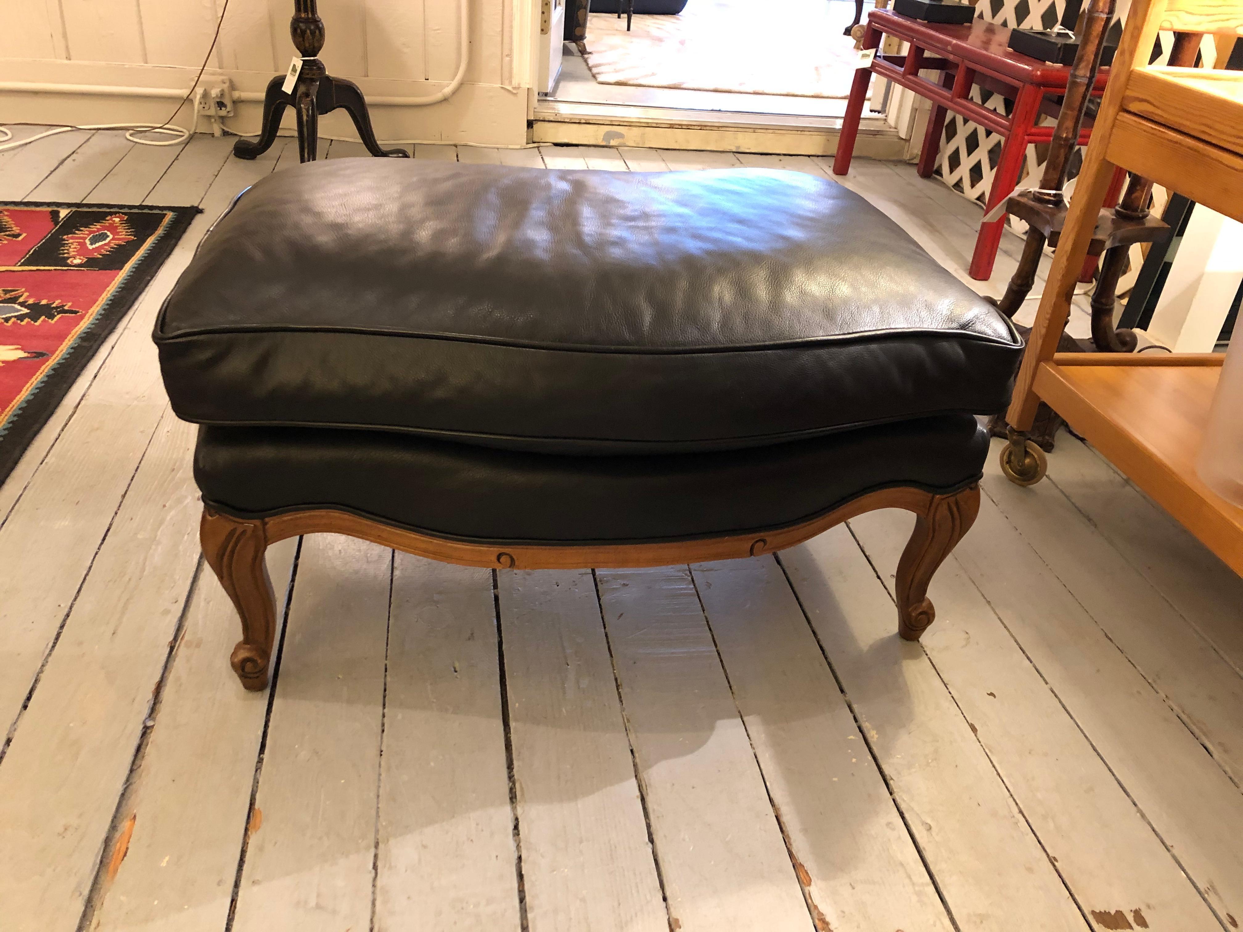 Woodward & Lothrop Top of the Line Black Leather and Walnut Club Chair & Ottoman In Good Condition In Hopewell, NJ