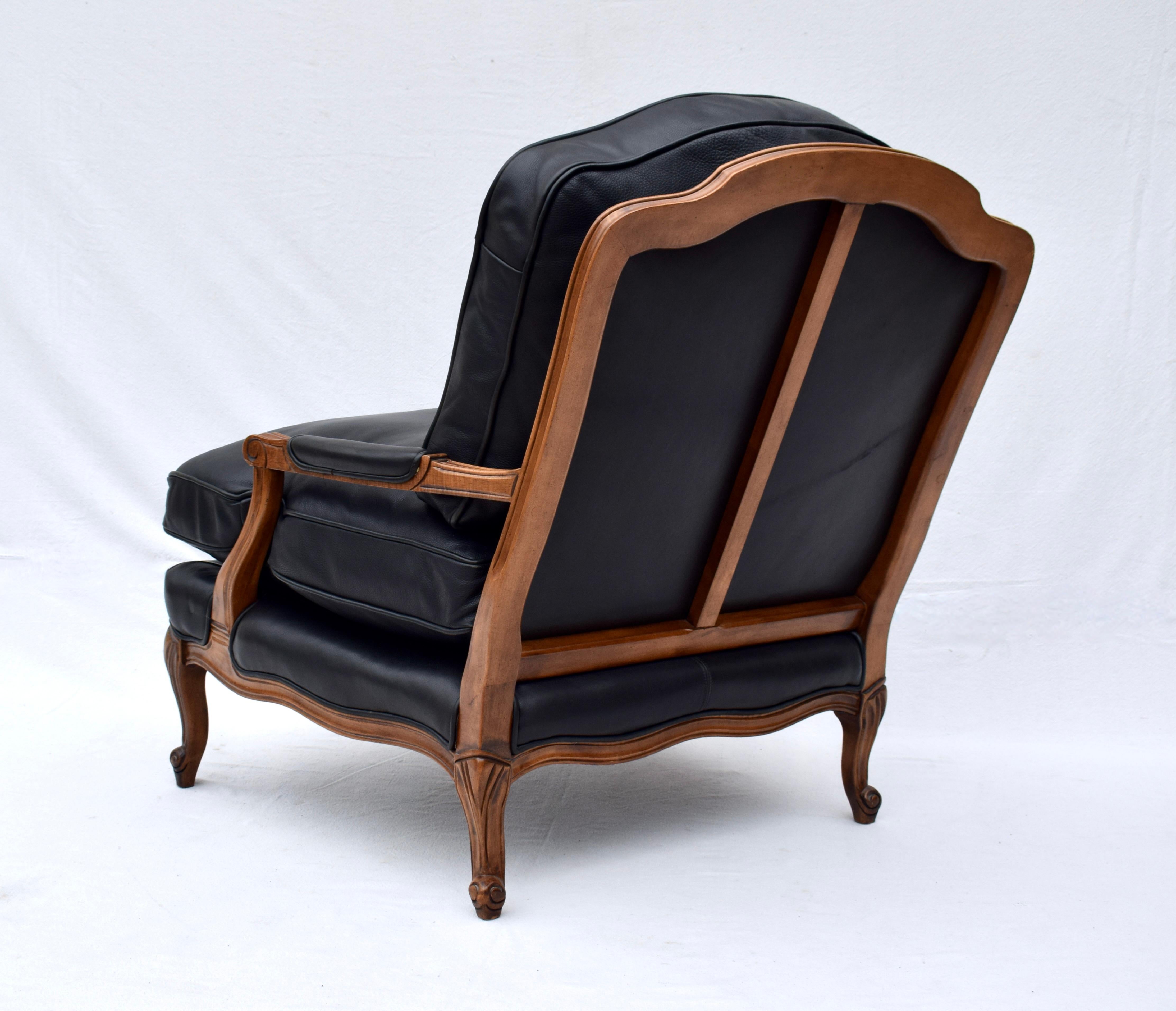 Woodward & Lothrop Top of the Line Black Leather and Walnut Club Chair & Ottoman In Good Condition In Southampton, NJ