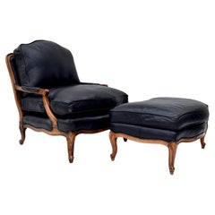 Woodward & Lothrop Top of the Line Black Leather and Walnut Club Chair & Ottoman