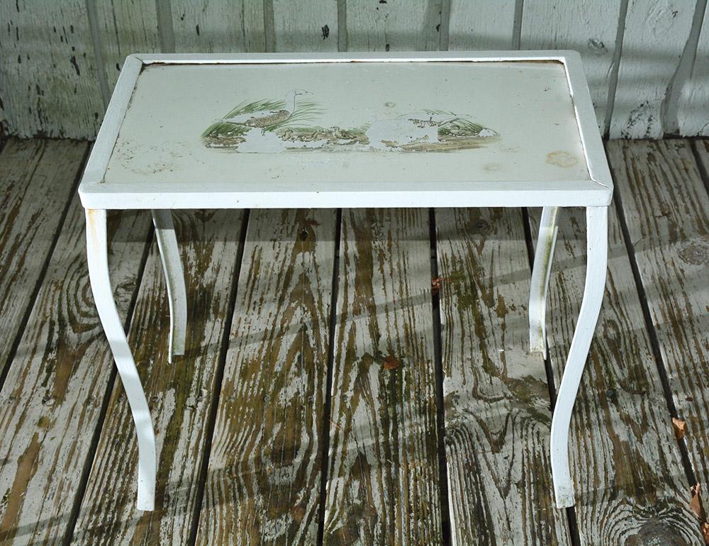 Small wrought iron garden, porch or patio side table or coffee table painted white.