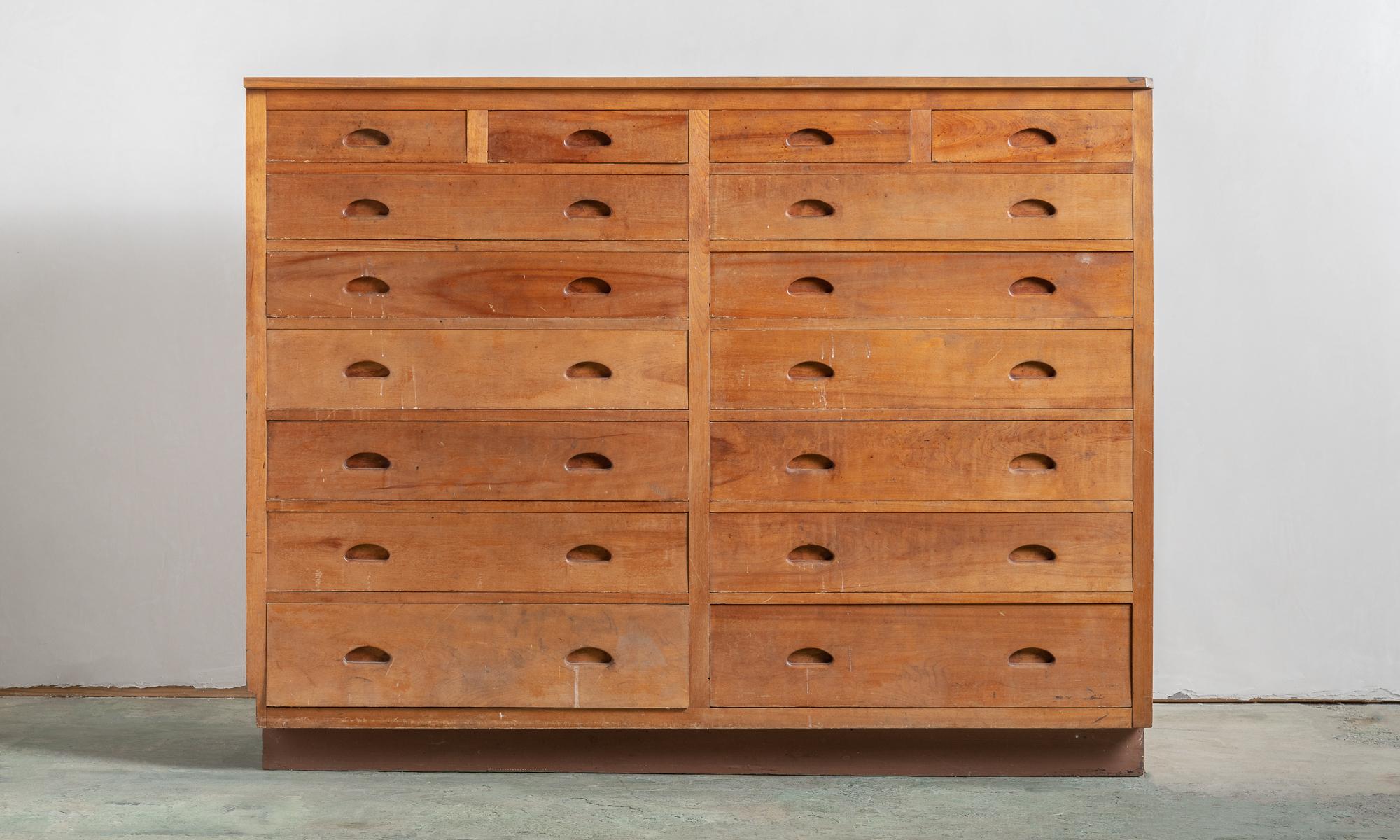 Woodworkers bank of drawers, America 20th century.

Handsome simple form includes inset pulls and wonderful patina. Originally from Bristol, Rhode Island.