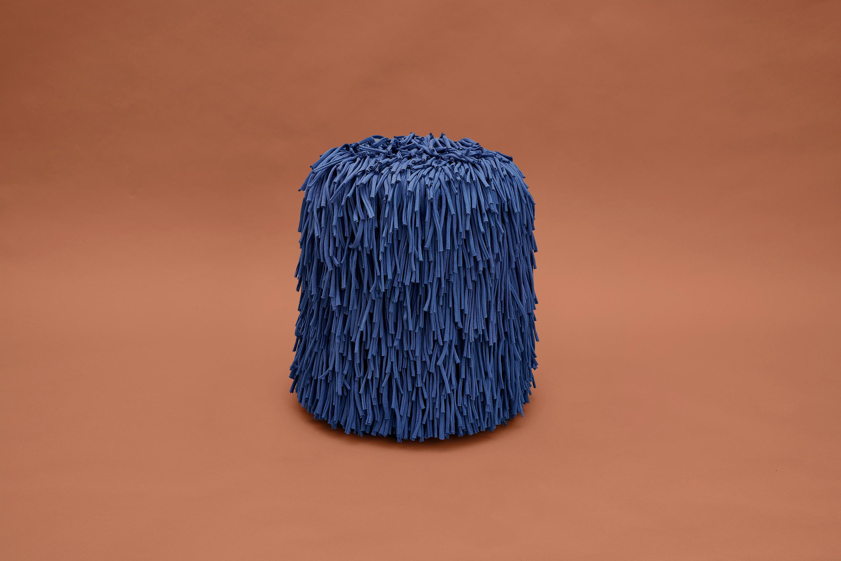 Spanish Woody Pouf in Blue Cotton Fringes For Sale