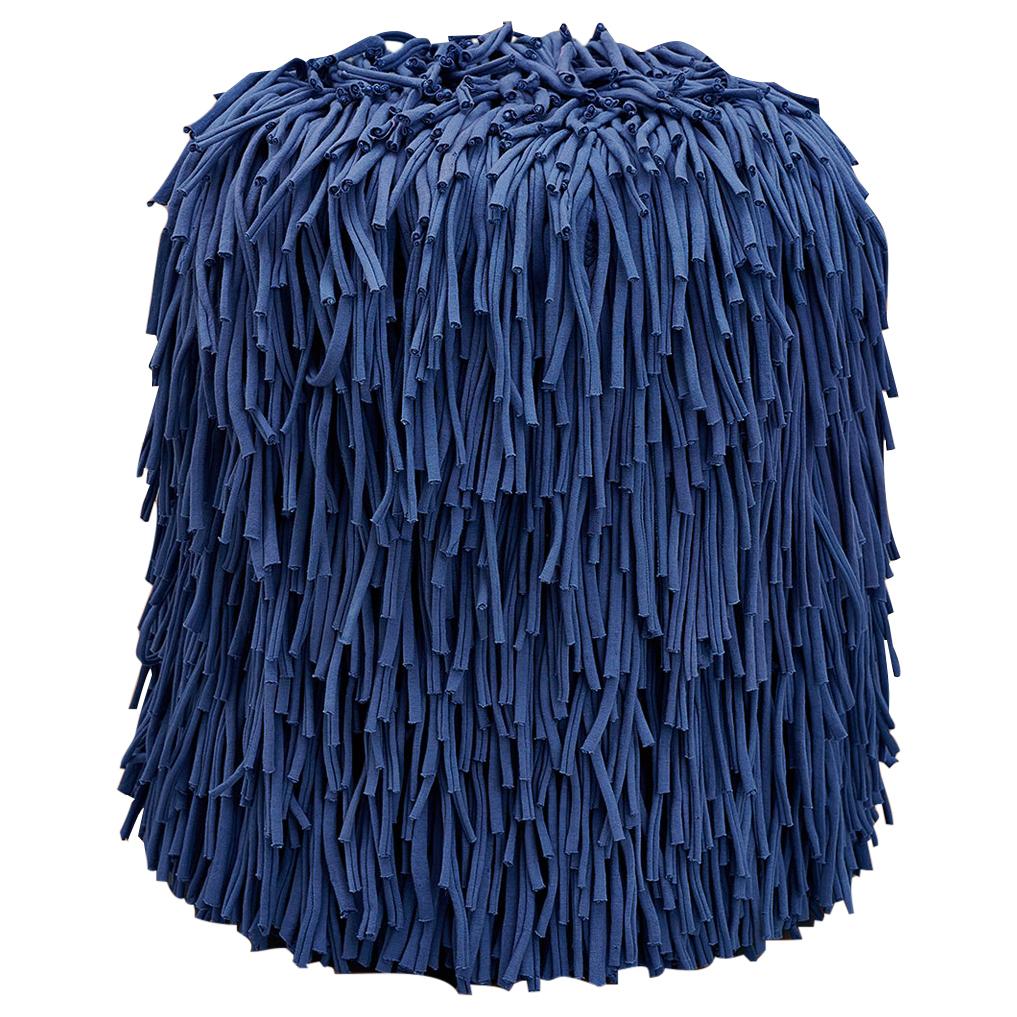 Woody Pouf in Blue Cotton Fringes For Sale