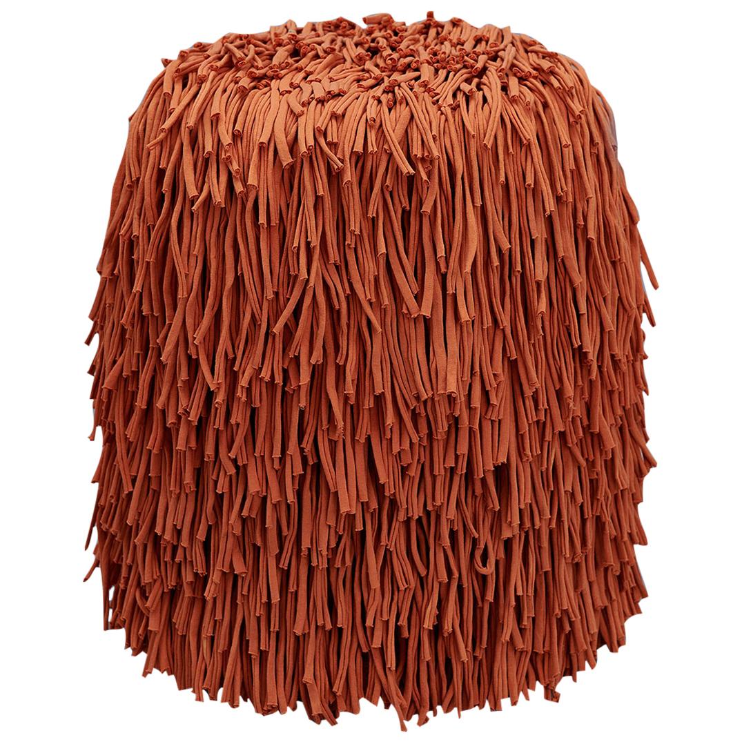 Woody Pouf in Orange Cotton Fringes For Sale
