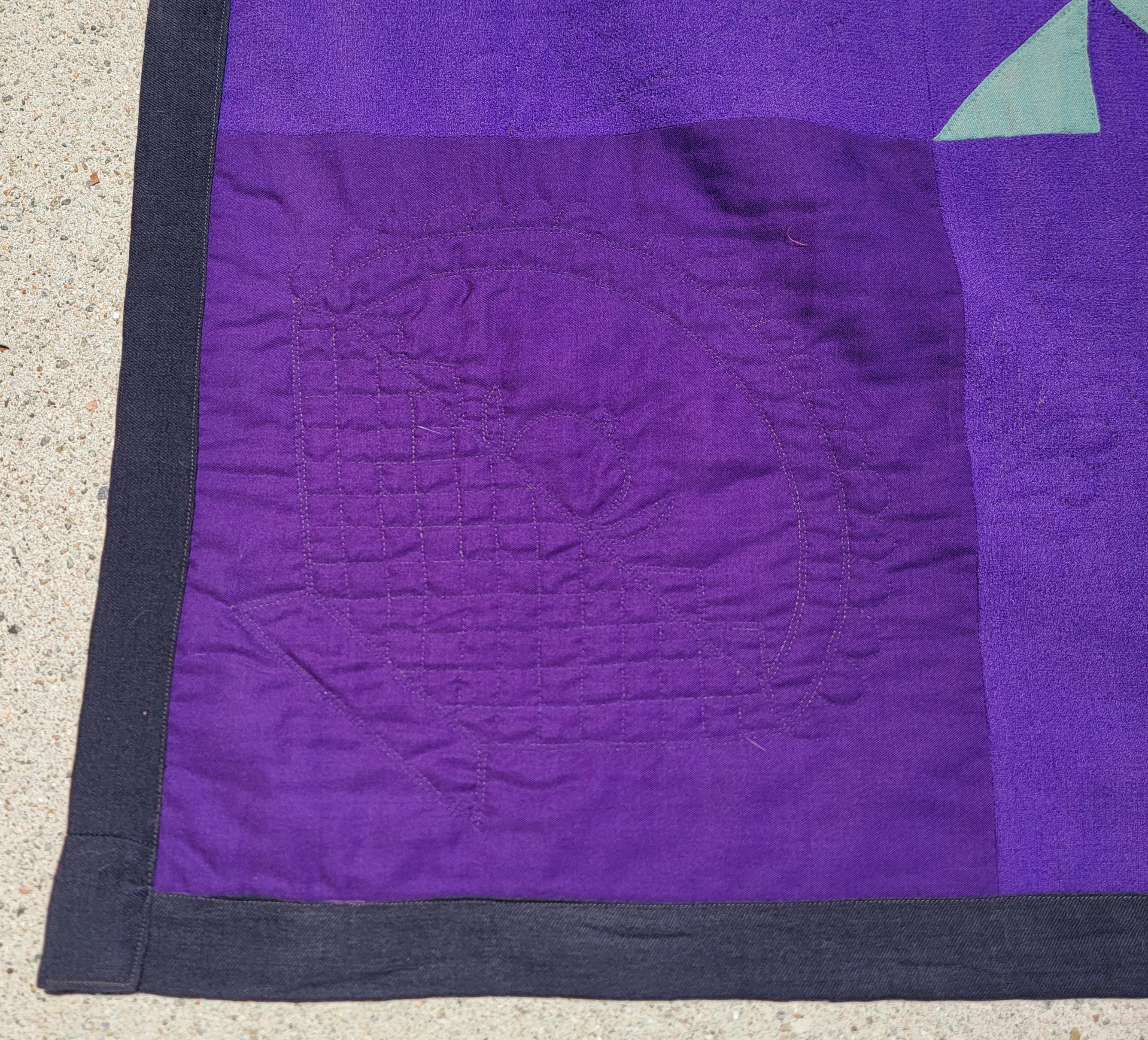 Lancaster County wool Amish Saw tooth diamond in a square quilt circa 1930's in fine condition.
Made by Mrs. Noah King for one of her daughters. Rebecca or Fanning.
Princes Feather floral basket and stars as the design. This is such a rare pattern