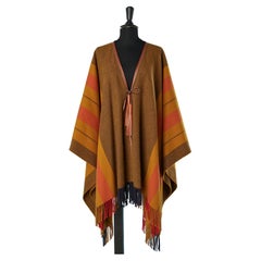 Vintage Wool and cashmere Poncho with leather piping and pompom Hermès Sellier 