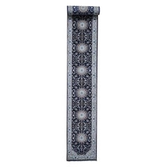 Wool and Silk 250 KPSI Extra Large Runner Navy Blue Nain Hand Knotted Rug