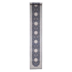 Wool And Silk 250 KPSI Extra Large Runner Navy Blue Nain Hand Knotted Rug