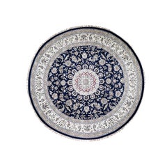 Wool and Silk 250 KPSI Navy Nain Hand Knotted Oriental Round Rug