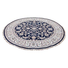 Wool and Silk 250 KPSI Navy Nain Hand Knotted Oriental Round Rug