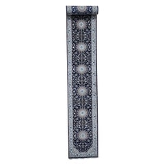 Wool and Silk 250 KPSI XL Runner Navy Blue Nain Oriental Rug
