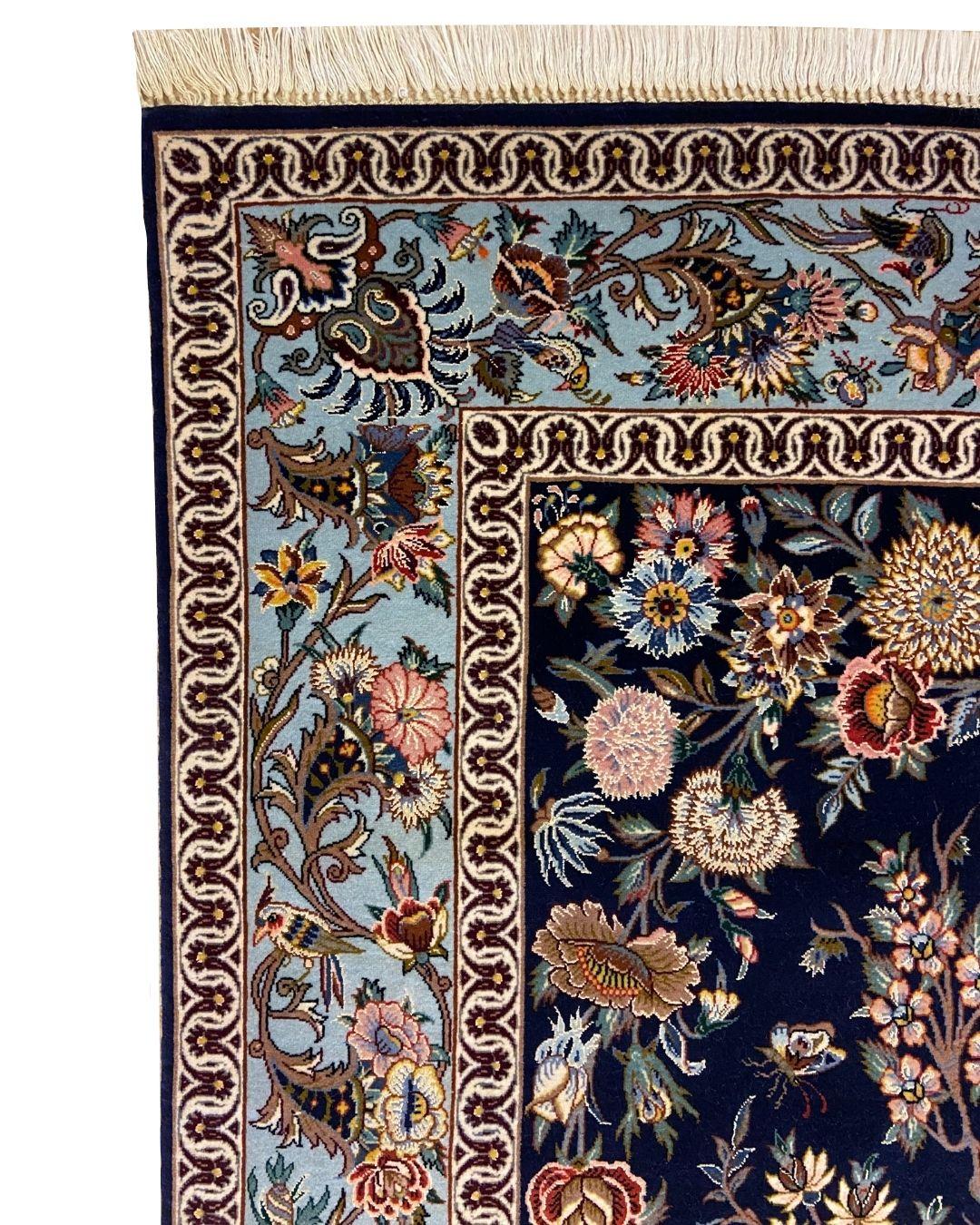 Perse Tapis persan Animalia en laine et soie, Indigo, Rose, Bleu, Brown, Jaune, 3 x 5 en vente