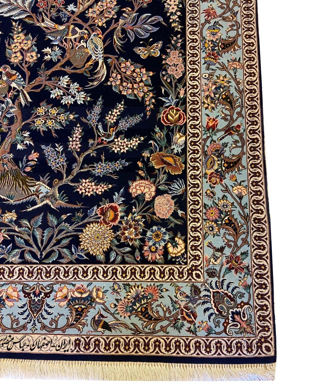 Tapis persan Animalia en laine et soie, Indigo, Rose, Bleu, Brown, Jaune, 3 x 5 Neuf - En vente à New York, NY