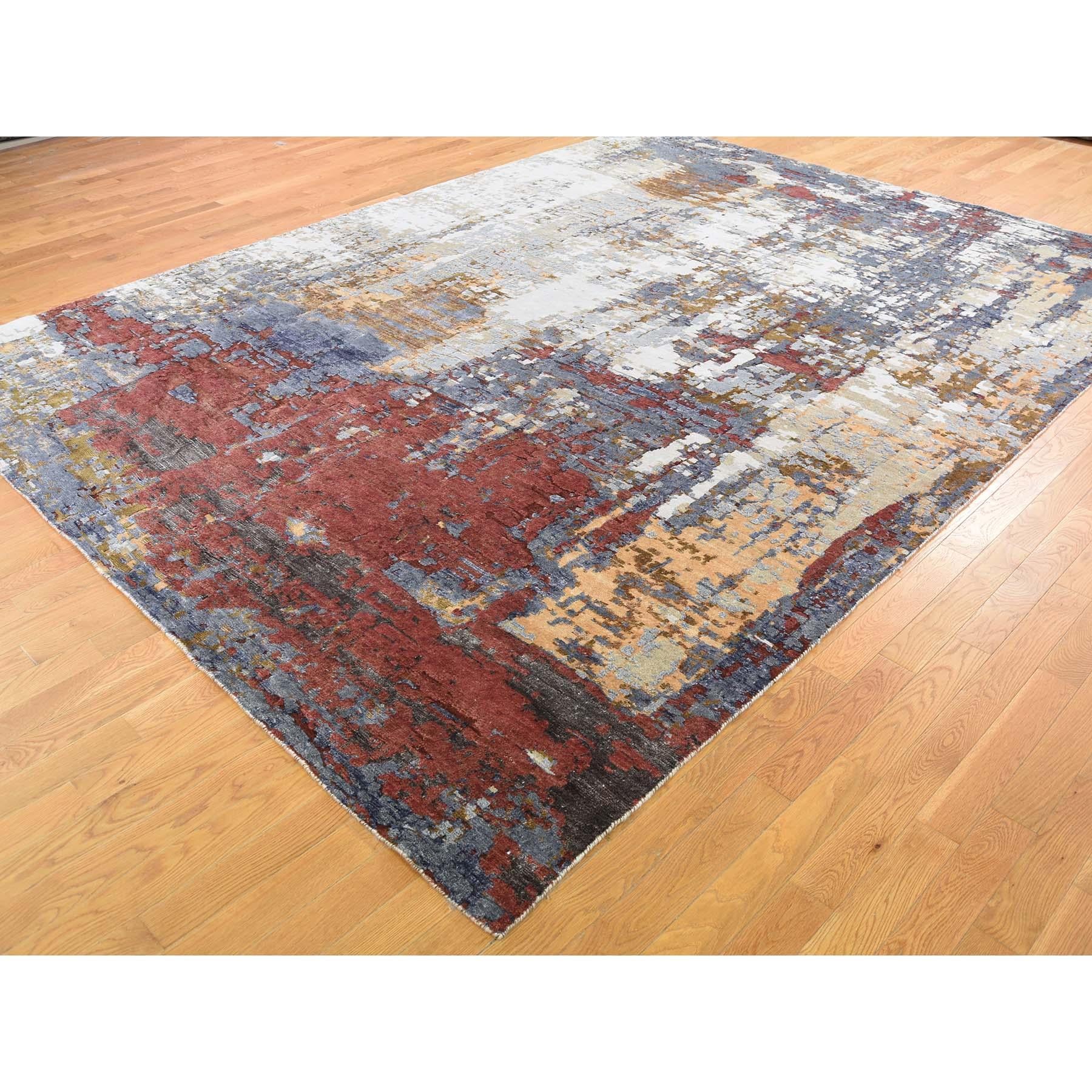 Afghan Wool and Silk Hi-Low Pile Modern Abstract Design Hand Knotted Rug