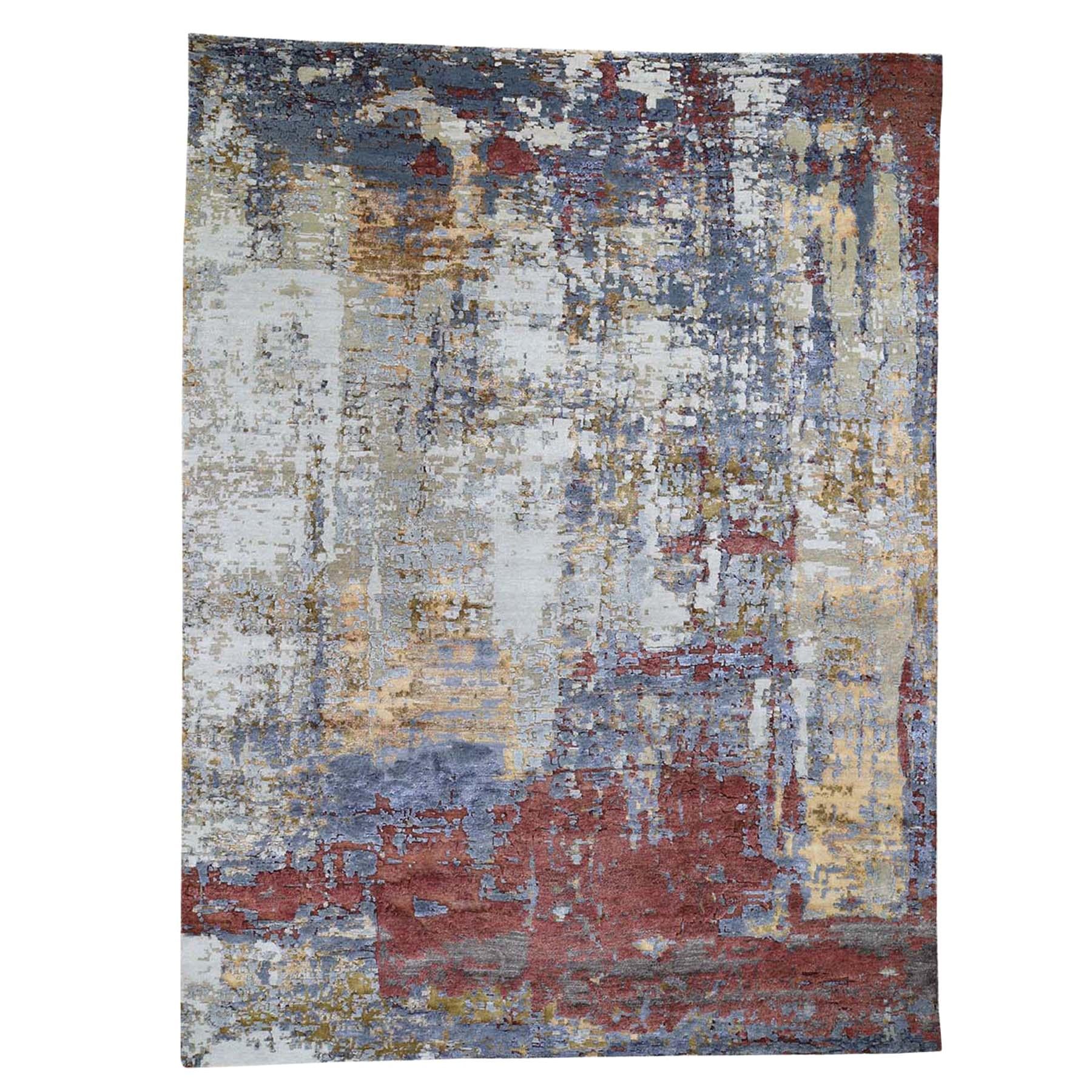 Wool and Silk Hi-Low Pile Modern Abstract Design Hand Knotted Rug