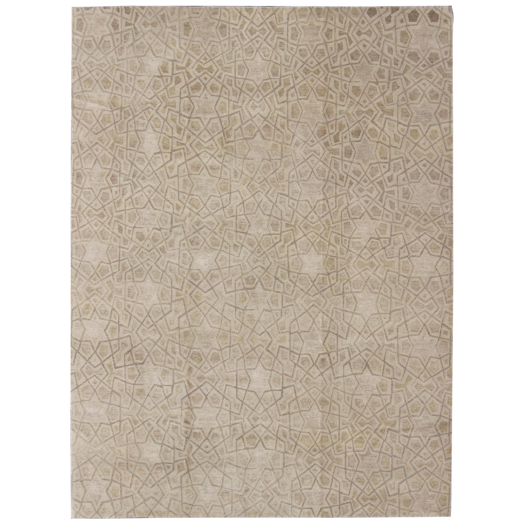 Wool and Silk Modern Design Tibetan Rug from Nepal in Neutrals and Earth Tones