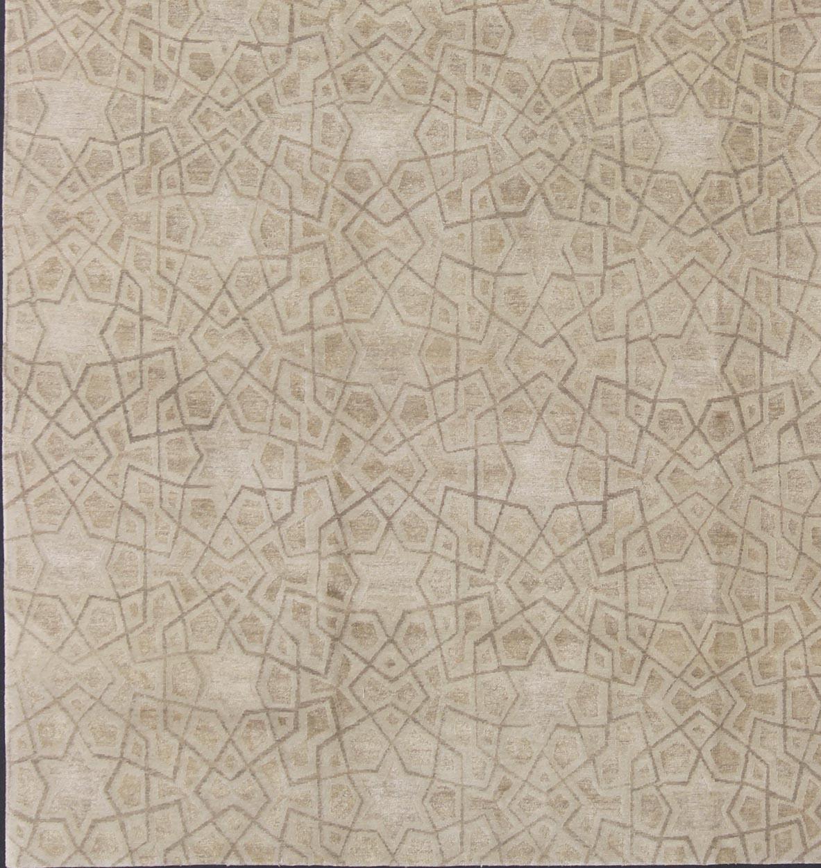 Wool and silk modern design Tibetan rug from Nepal in neutrals and earth tones, Nepalese Modern rug with all-over star, diamonds and geometric pattern. Wool and Silk Modern Design Tibetan Rug by Keivan Woven Arts / rug 19-0824, country of origin /