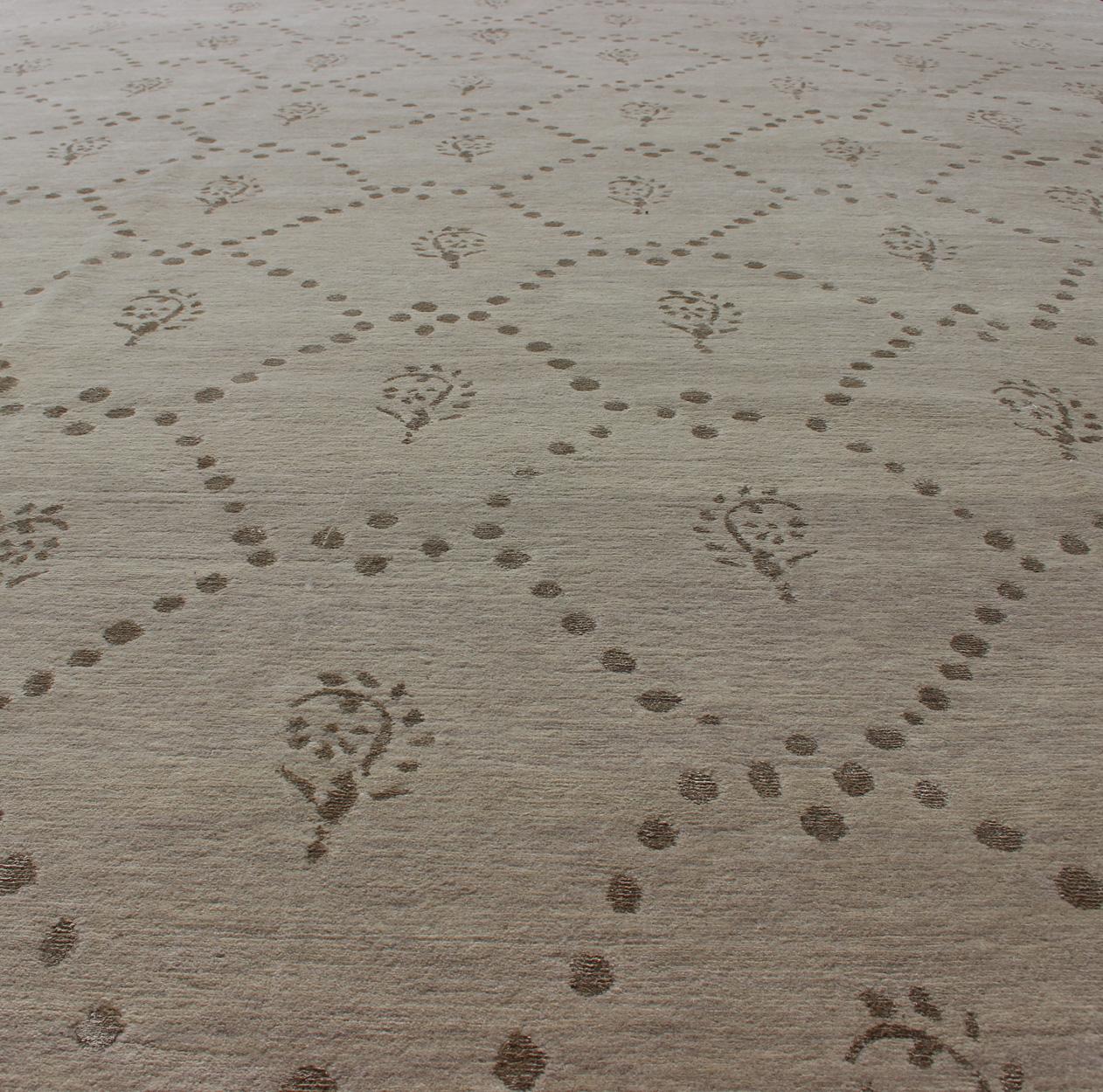 Contemporary Wool and Silk Modern Tibetan Rug from Nepal in Neutrals and Earth Tones For Sale