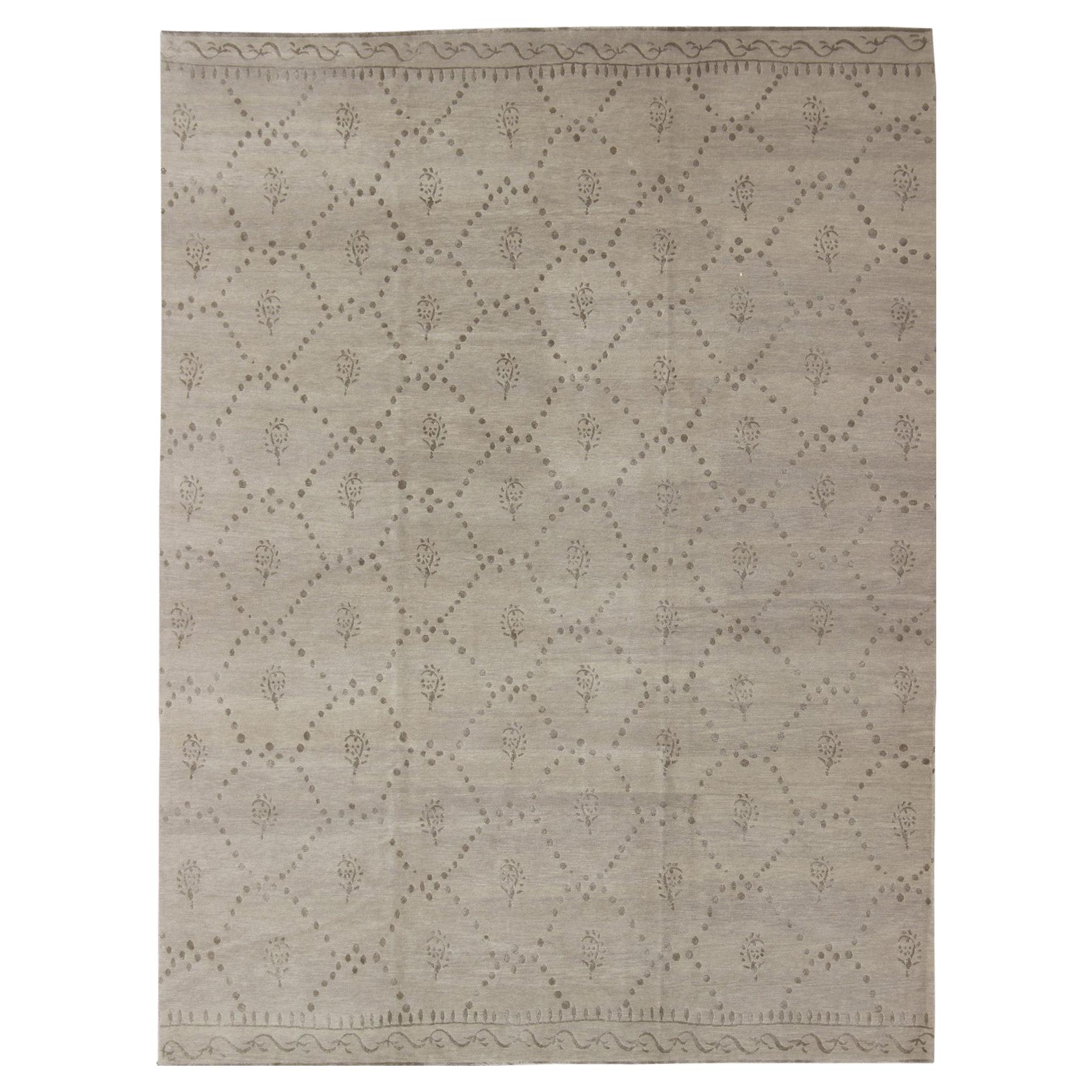 Wool and Silk Modern Tibetan Rug from Nepal in Neutrals and Earth Tones