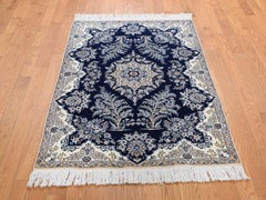 Wool and Silk Navy Blue Persian Nain 400 KPSI Signed Habibian Hand Knotted