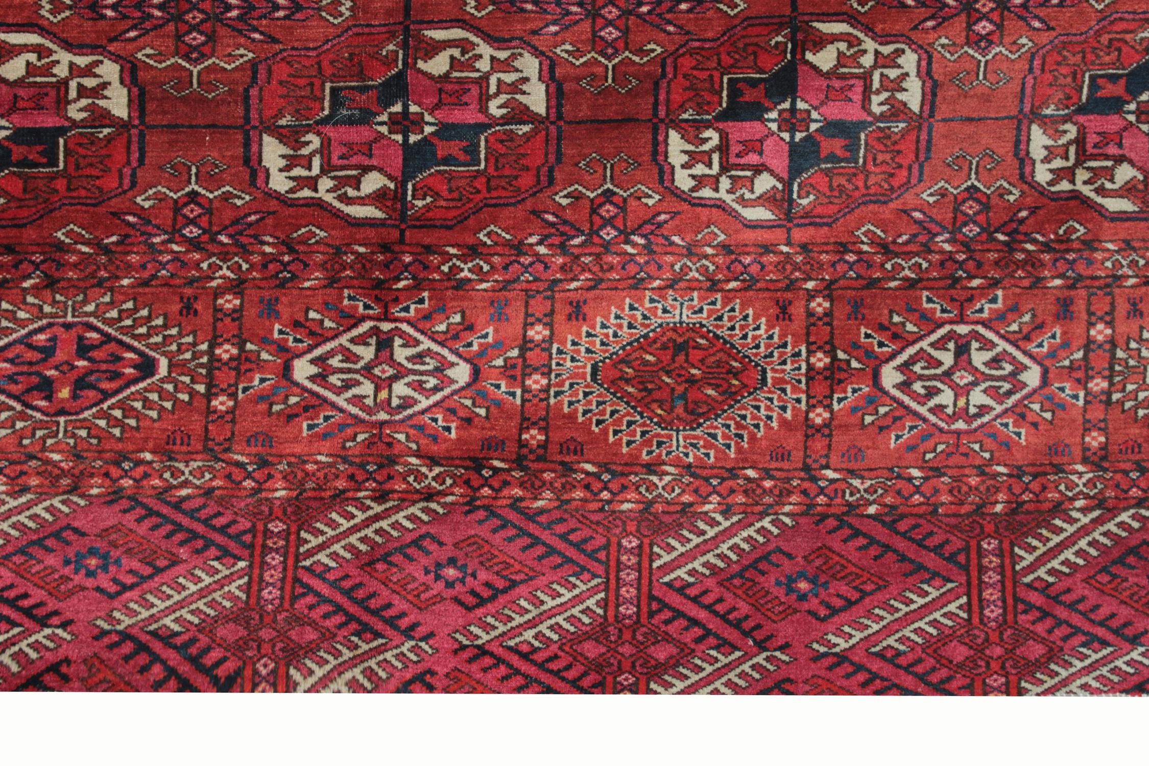 Tribal Wool Handmade Carpet Antique Rugs, Geometric Turkmen Tekke Red Oriental Rug For Sale
