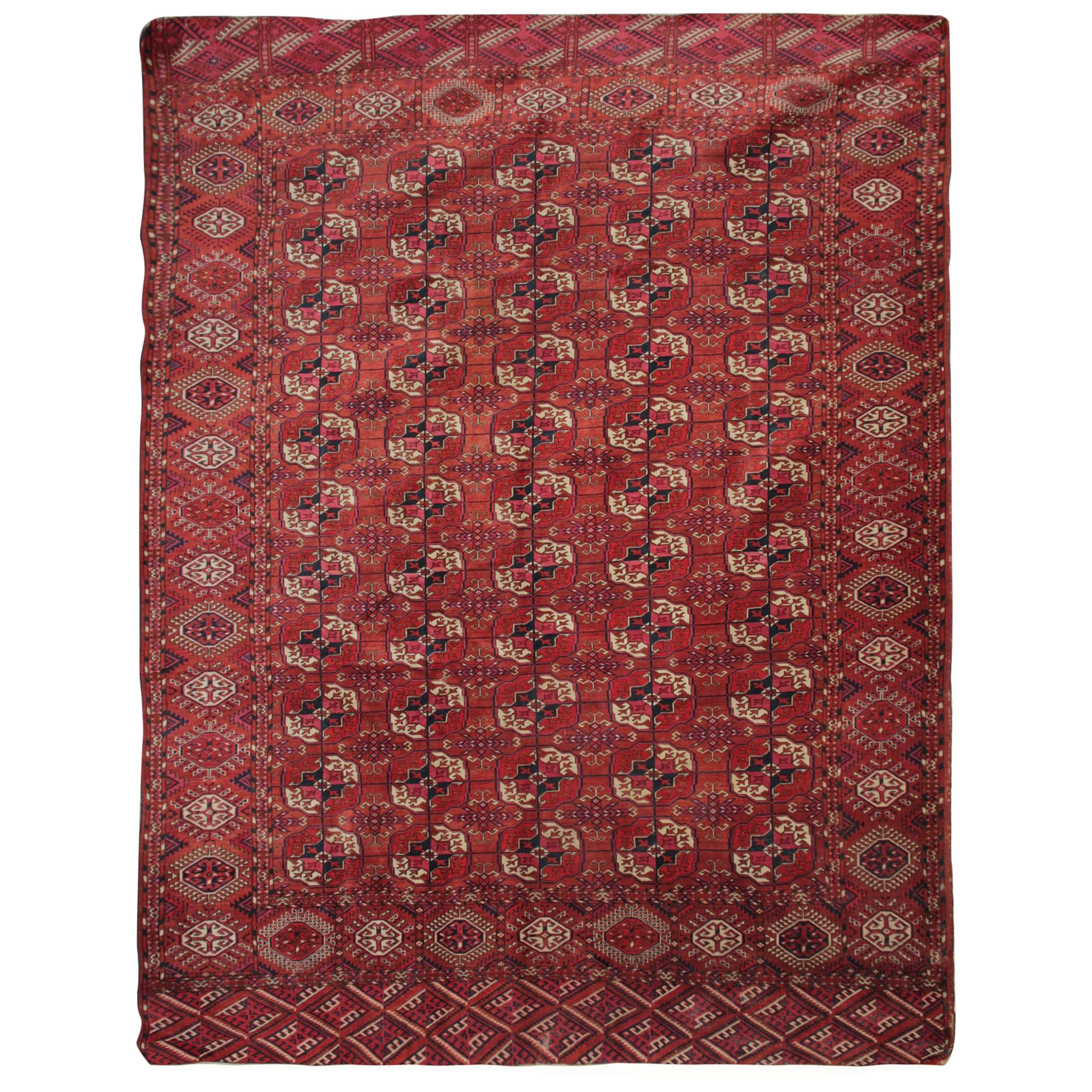 Wool Handmade Carpet Antique Rugs, Geometric Turkmen Tekke Red Oriental Rug