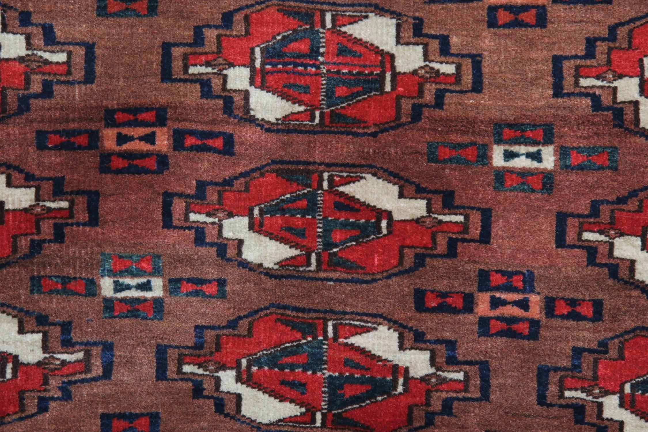 Tribal Wool Antique Rugs, Geometric Turkmen Yomut Accent Brown Carpet Rugs