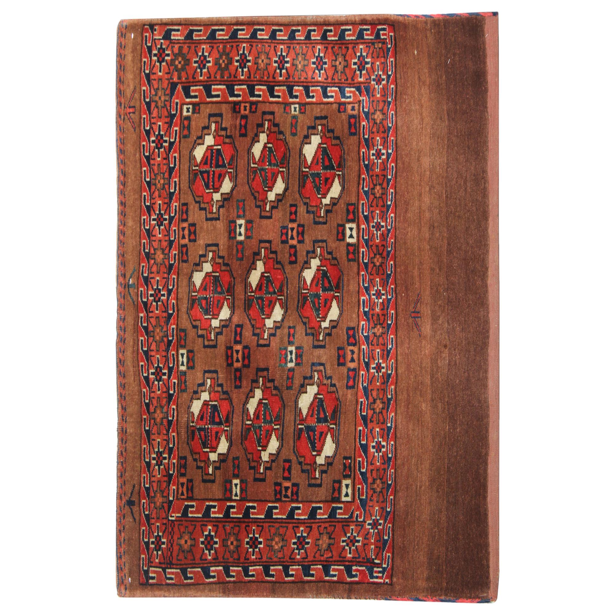 Wool Antique Rugs, Geometric Turkmen Yomut Accent Brown Carpet Rugs