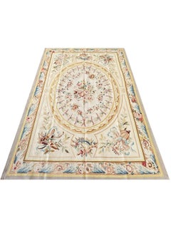 Wool Aubusson Style Area Rug with Oval Floral Medallion, Ivory Field Tan Borde
