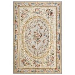 Wool Aubusson Style Area Rug with Oval Floral Medallion, Ivory Field Tan Borde