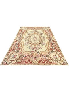 Wool Aubusson Style Needlepoint Area Rug with Oval Floral Medallion, Gold Center