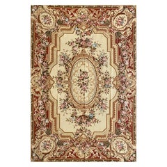 Wool Aubusson Style Needlepoint Area Rug with Oval Floral Medallion, Gold Center