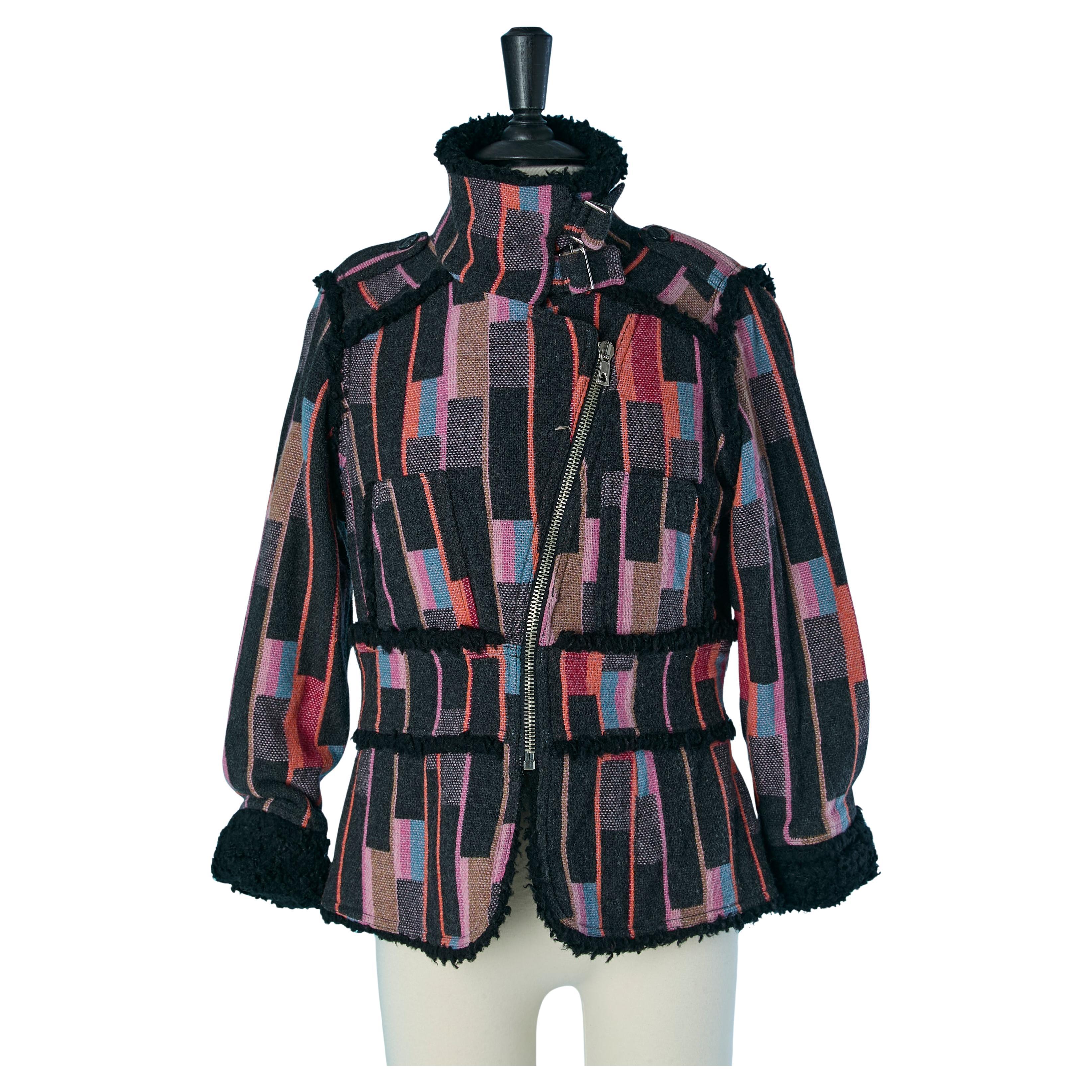 Wool biker jacket with check pattern and black faux-fur lining SONIA RYKIEL