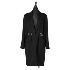 Wool black coat with thin stripes and silver metal buckles Mugler
