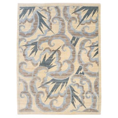 Wool Blue, Brown, and Cream "Tempest" Art Deco Persian Rug, 5' x 7'