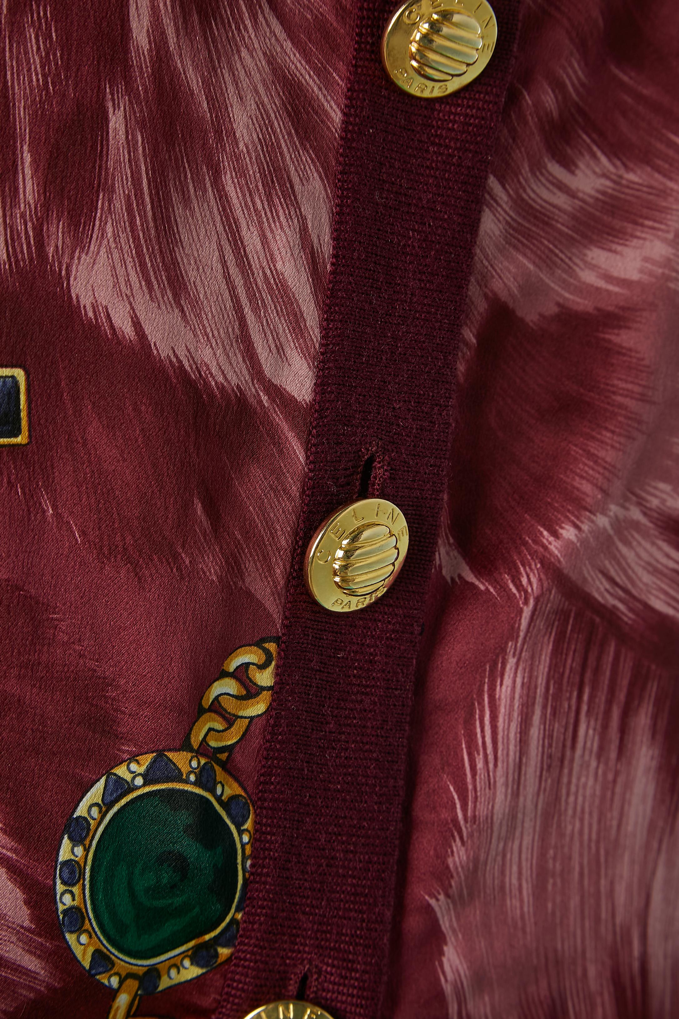 Wool burgundy cardigan with printed silk Céline  In Excellent Condition For Sale In Saint-Ouen-Sur-Seine, FR
