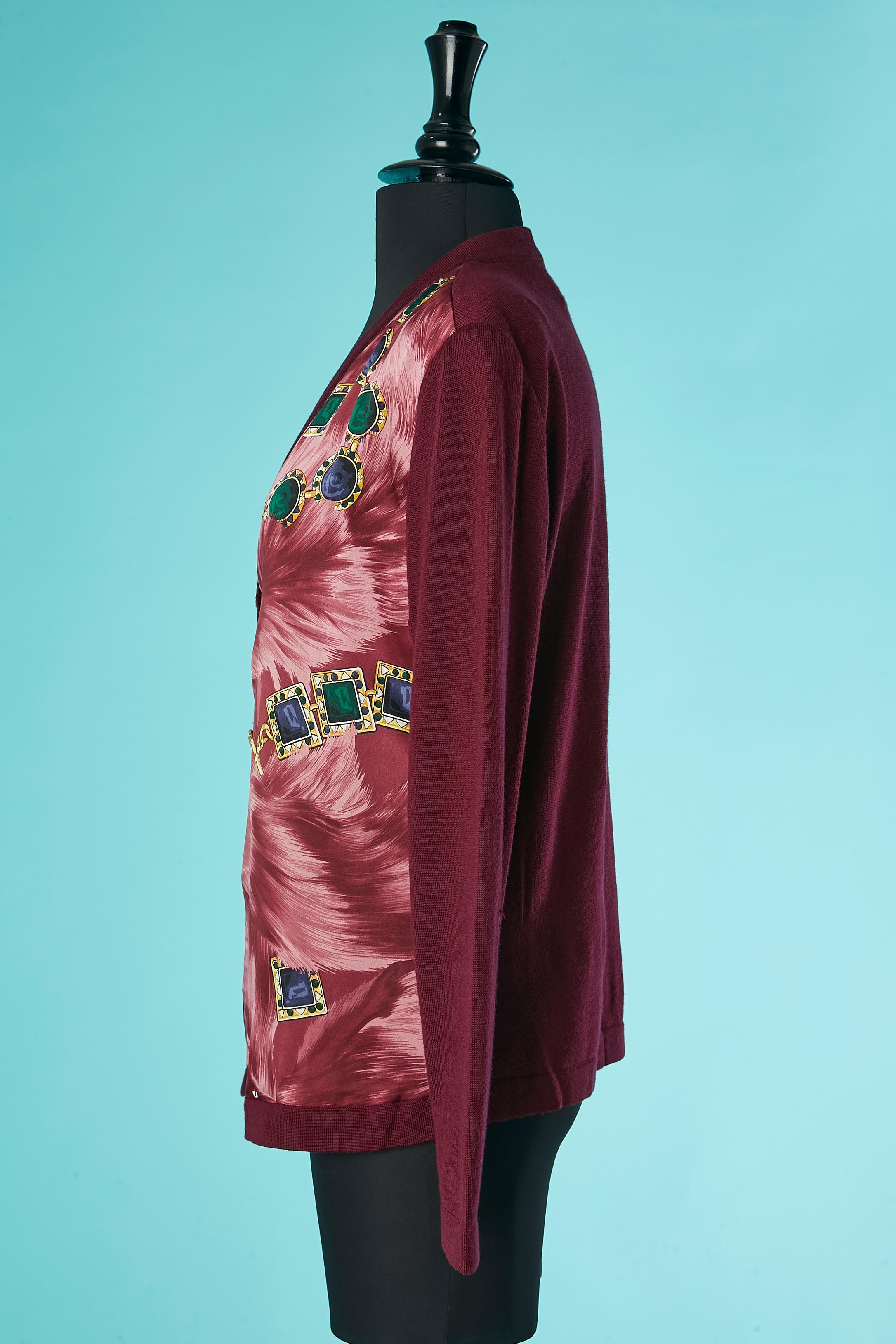 Wool burgundy cardigan with printed silk Céline  For Sale 1